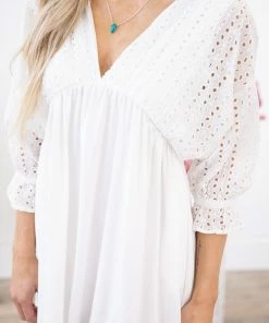Ninexis Off White Eyelet Bodice Dolman Sleeve Dress Dresses