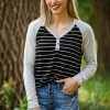 Staccato Tops Black And Light Grey Stripe Henley Top