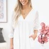Ninexis Off White Eyelet Bodice Dolman Sleeve Dress Dresses