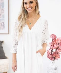 Ninexis Off White Eyelet Bodice Dolman Sleeve Dress Dresses