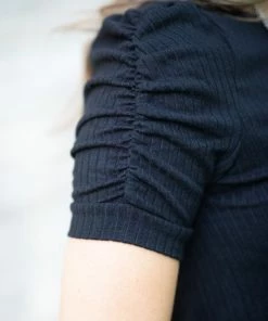 Staccato Black Wide Rib Knit Puff Sleeve Top Tops