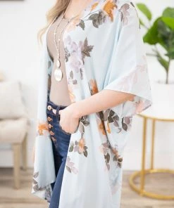 Lovely Melody Pastel Blue Multicolor Floral Kimono KIMONOS