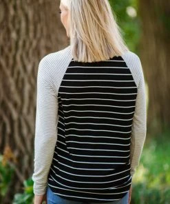 Staccato Tops Black And Light Grey Stripe Henley Top