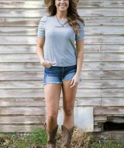 Staccato Grey Heathered Wide Rib Knit Puff Sleeve Top Tops