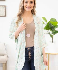 Lime N Chili Mint Multicolor Leaf Print Kimono