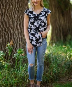 Sew In Love Black And White Floral Ruffle Trim Tank