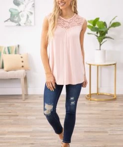 First Look Baby Pink Crochet Yoke Cap Sleeve Top