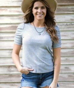 Staccato Grey Heathered Wide Rib Knit Puff Sleeve Top Tops