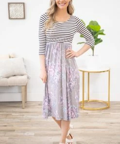 Lovely Melody Dresses Grey Floral Skirt Stripe Top Midi Dress