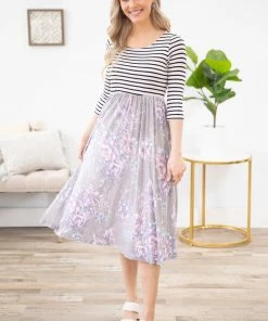 Lovely Melody Dresses Grey Floral Skirt Stripe Top Midi Dress
