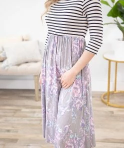 Lovely Melody Dresses Grey Floral Skirt Stripe Top Midi Dress