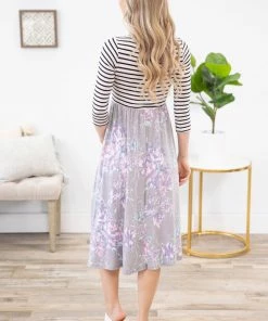 Lovely Melody Dresses Grey Floral Skirt Stripe Top Midi Dress