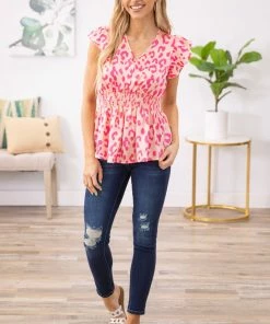 Hailey And Co Peach And Pink Animal Print Smocked Waist Top Tops