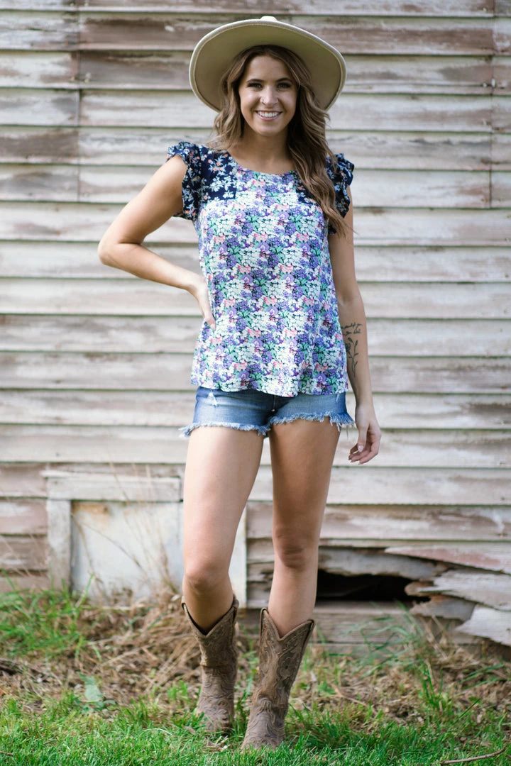 Staccato Lavender Multicolor Floral Ruffle Trim Top 4 Staccato Lavender Multicolor Floral Ruffle Trim Top