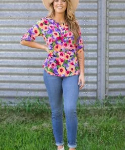 April Orchid Multicolor Floral Print Roll Sleeve Top Tops