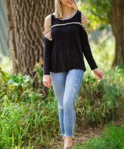 Haptics Black And Tan Animal Print Trim Top Tops