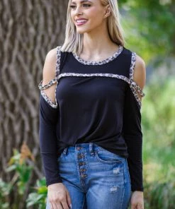 Haptics Black And Tan Animal Print Trim Top Tops