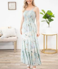 Lovely Melody Mint Smocked Bodice Floral Maxi Dress