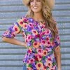 April Orchid Multicolor Floral Print Roll Sleeve Top Tops