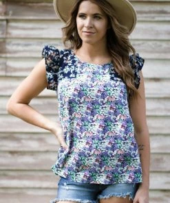 Staccato Lavender Multicolor Floral Ruffle Trim Top