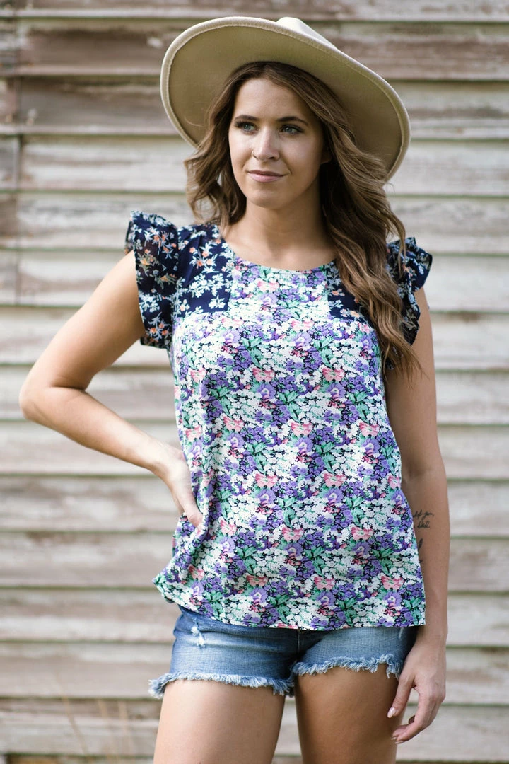 Staccato Lavender Multicolor Floral Ruffle Trim Top 3 Staccato Lavender Multicolor Floral Ruffle Trim Top