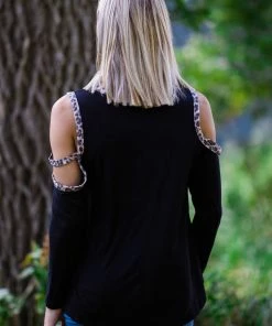 Haptics Black And Tan Animal Print Trim Top Tops