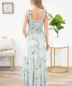 Lovely Melody Mint Smocked Bodice Floral Maxi Dress