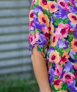 April Orchid Multicolor Floral Print Roll Sleeve Top Tops
