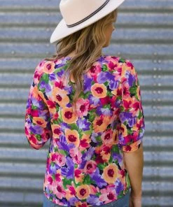 April Orchid Multicolor Floral Print Roll Sleeve Top Tops