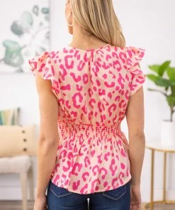 Hailey And Co Peach And Pink Animal Print Smocked Waist Top Tops