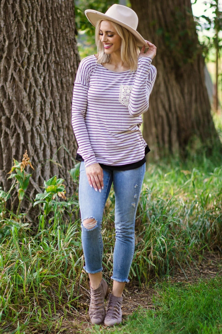 Hailey And Co Beige And Black Stripe Crochet Pocket Top Tops 4 Hailey And Co Beige And Black Stripe Crochet Pocket Top Tops