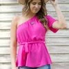 Staccato Hot Pink Elastic Waist One Shoulder Top Tops