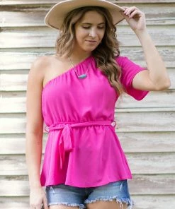 Staccato Hot Pink Elastic Waist One Shoulder Top Tops