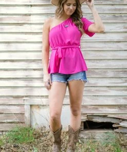 Staccato Hot Pink Elastic Waist One Shoulder Top Tops