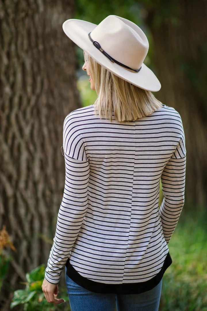 Hailey And Co Beige And Black Stripe Crochet Pocket Top Tops 5 Hailey And Co Beige And Black Stripe Crochet Pocket Top Tops