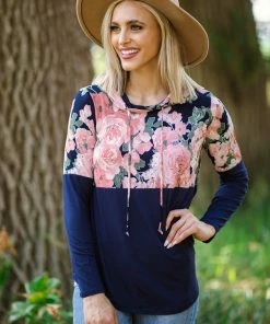 Sew In Love Navy And Dusty Rose Floral Colorblock Top