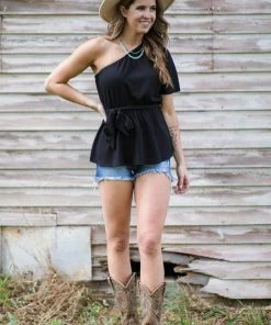 Staccato Black Elastic Waist One Shoulder Top