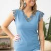 Shewin Dusty Blue Crochet Trim Cap Sleeve Top Tops