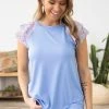 Shewin Cornflower Top With Floral Lace Ruffle Sleeves Tops