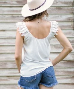 Staccato Tops White Crochet Trim Tank