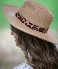 Fame Accessories Tan Woven Hat With Animal Print Band