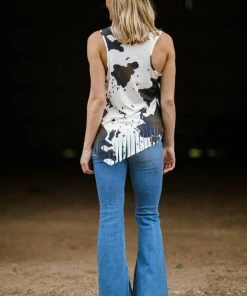 Your Fashion Wholesale Brown And Ivory Cow Print Fringe Hem Tank Tops