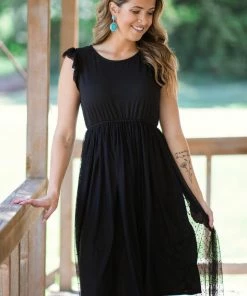 Les Amis Black Ruffle Sleeve Tulle Overlay Midi Dress Dresses