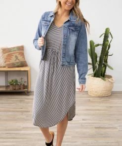 PS KATE Black Stripe Drawstring Waist Midi Dress Dresses