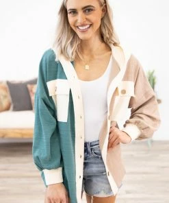 Hailey And Co Teal And Mocha Colorblock Hooded Shacket