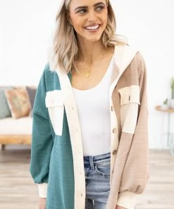 Hailey And Co Teal And Mocha Colorblock Hooded Shacket