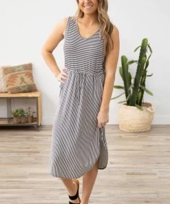 PS KATE Black Stripe Drawstring Waist Midi Dress Dresses