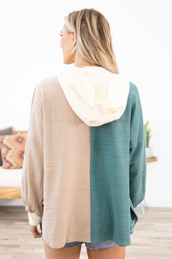 Hailey And Co Teal And Mocha Colorblock Hooded Shacket 7 Hailey And Co Teal And Mocha Colorblock Hooded Shacket