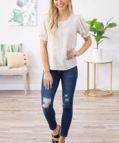 Les Amis Ivory Tonal Aztec Print Puff Sleeve Top