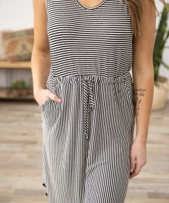 PS KATE Black Stripe Drawstring Waist Midi Dress Dresses